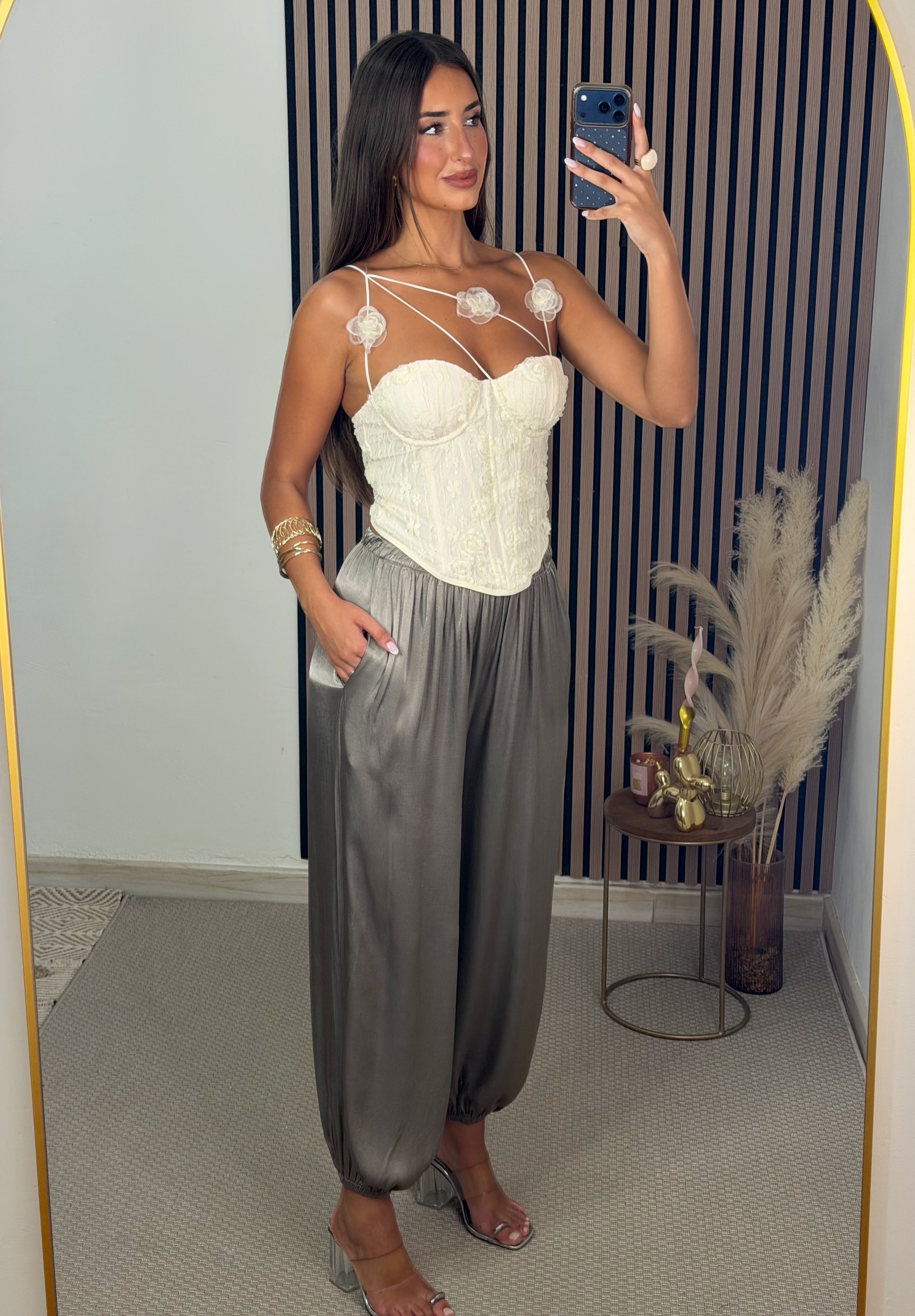 PANTALÓN SATINADO GRIS/TAUPE