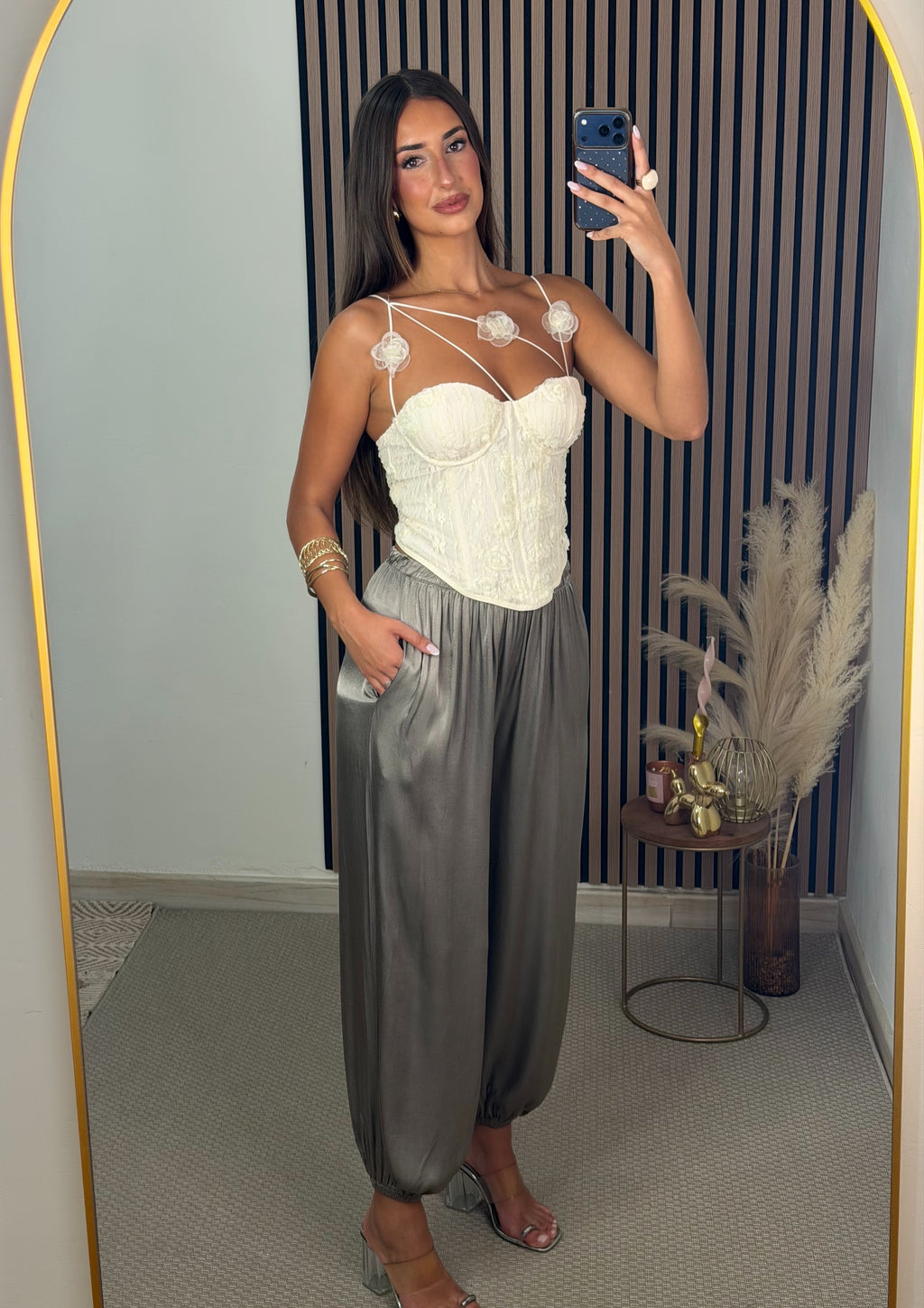 PANTALÓN SATINADO GRIS/TAUPE