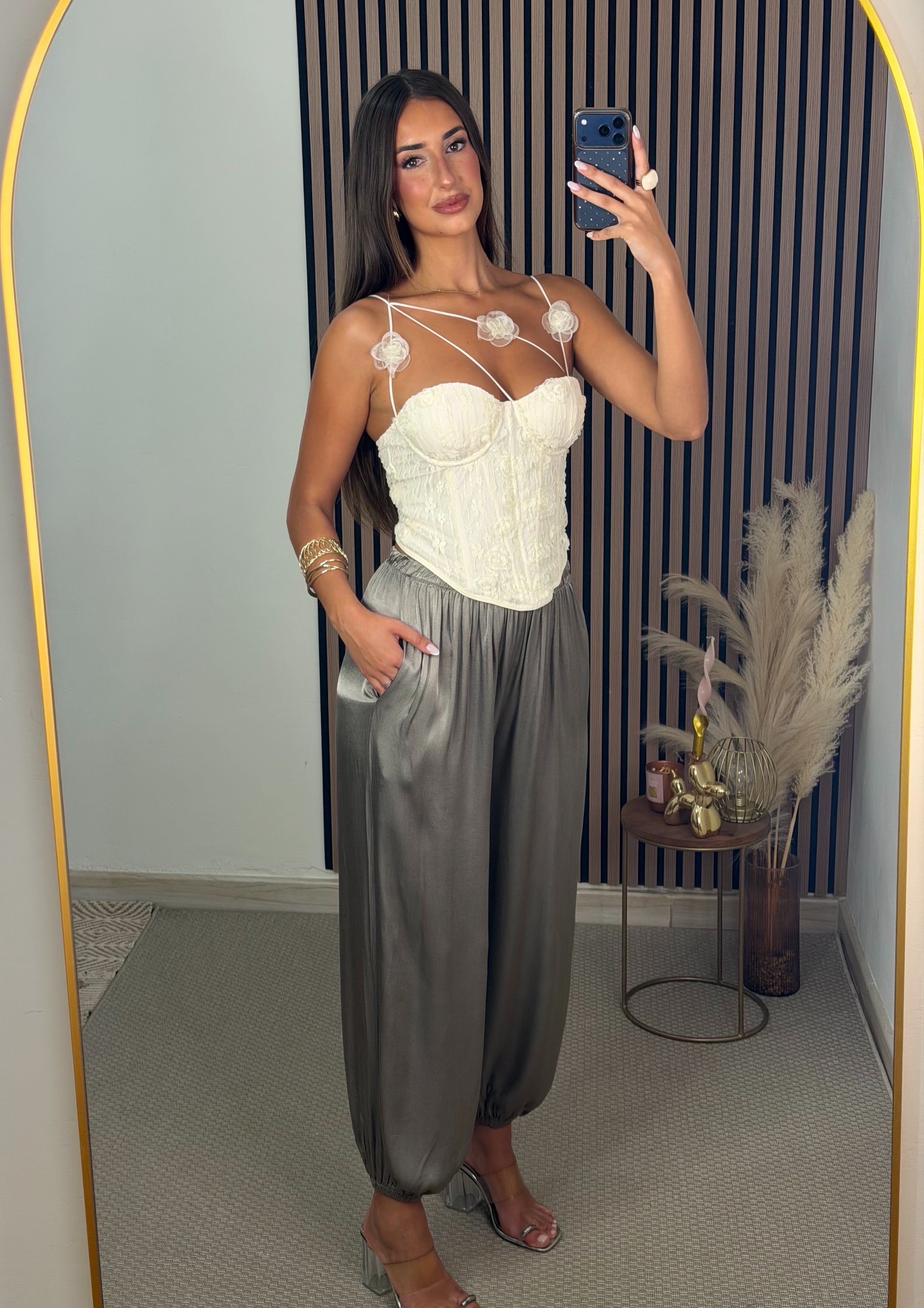 PANTALÓN SATINADO GRIS/TAUPE